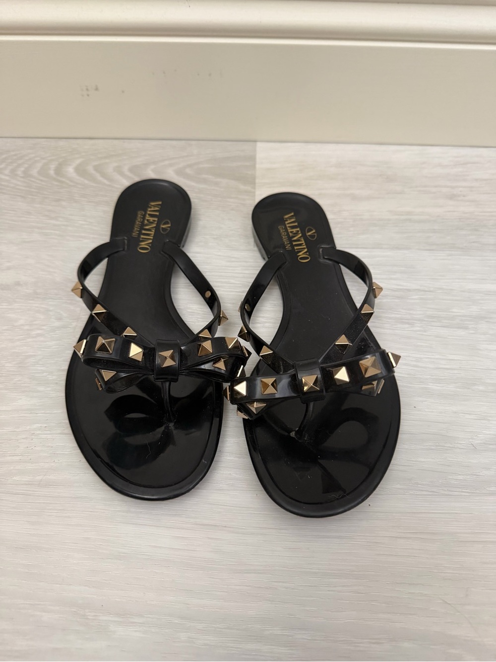 Valentino Black Jelly Rockstud Thong Sandals with Gold Studs